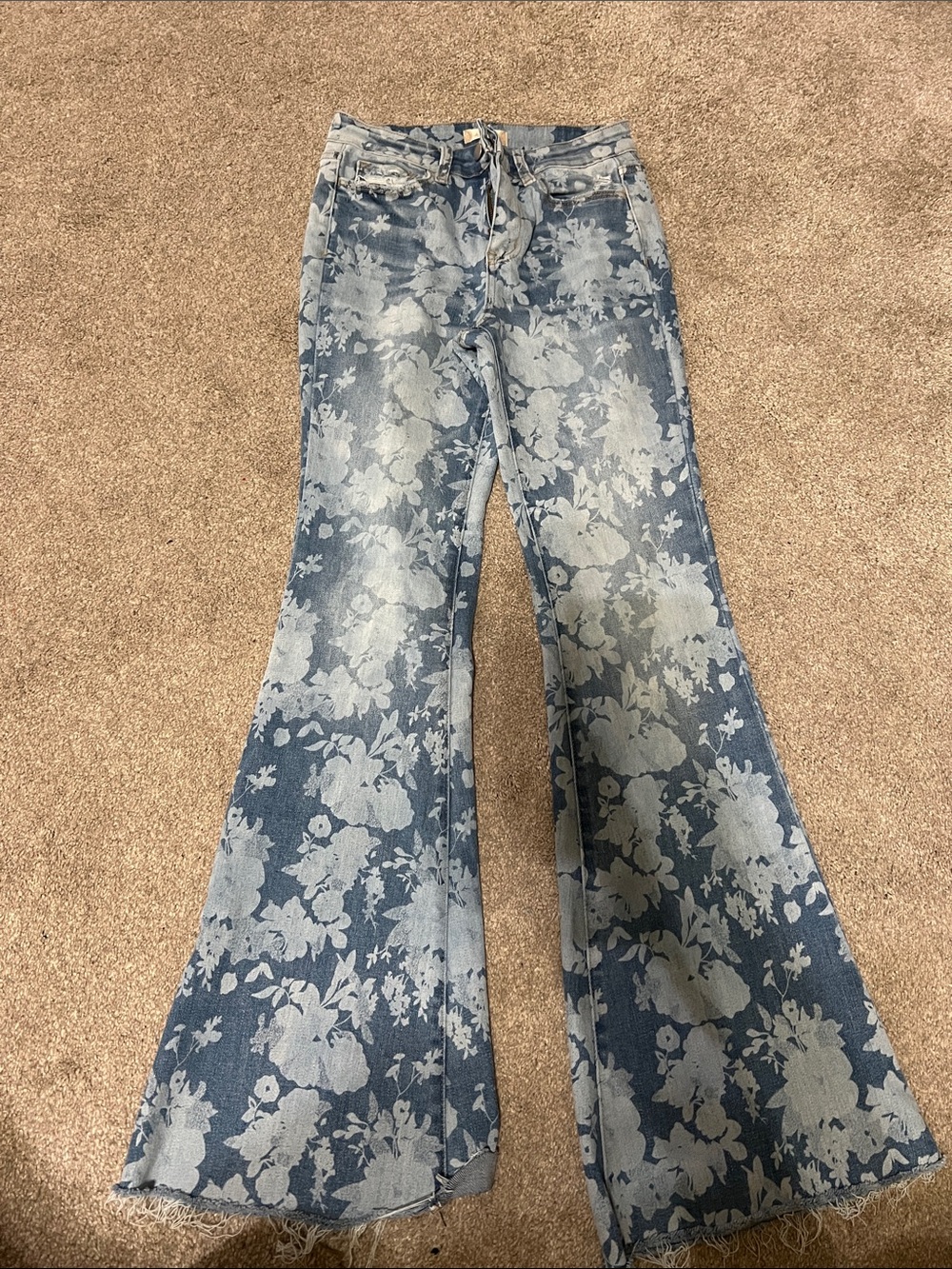 Altar’d State Floral Flare Jeans Size 26 Bell Bottom Y2K Boho Raw Hem